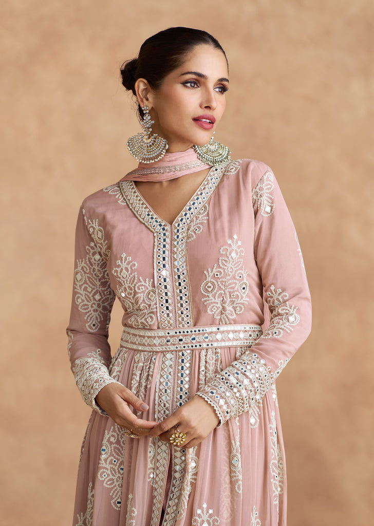 Dusty Rose Designer Embroidered Pure Georgette Pant Style Anarkali Suit-Saira's Boutique