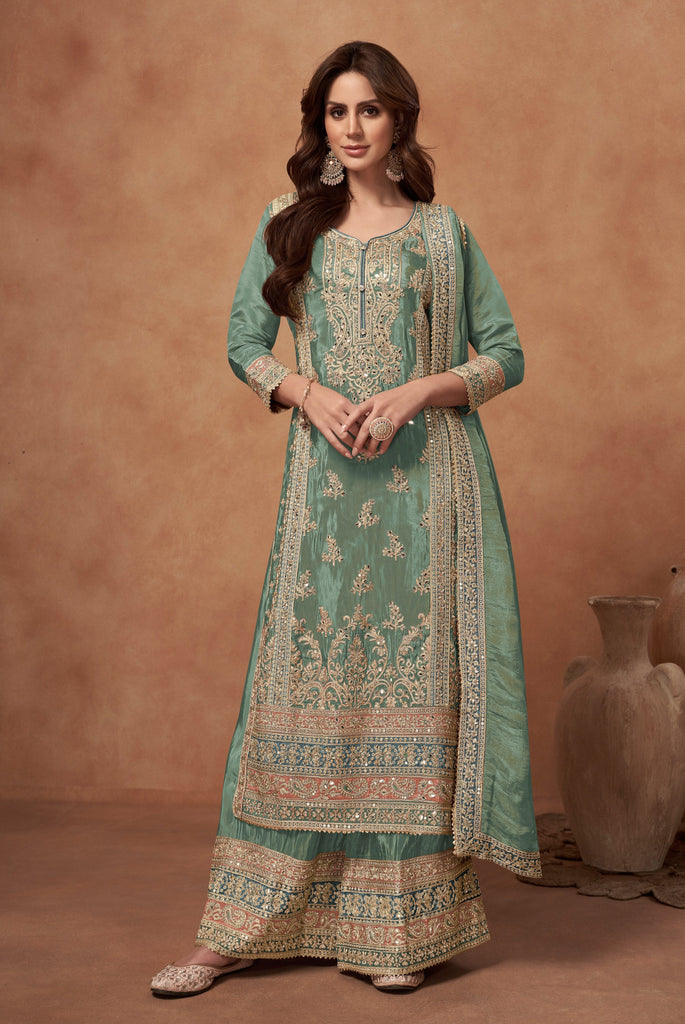 Green Designer Embroidered Fancy Silk Party Wear Suit-Saira's Boutique