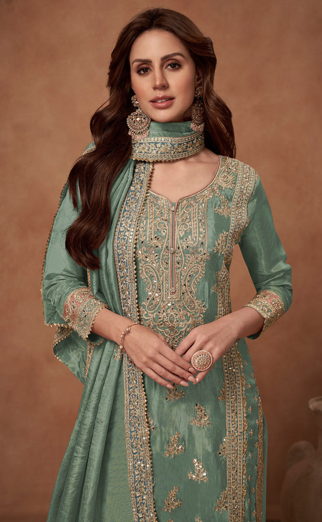 Green Designer Embroidered Fancy Silk Party Wear Suit-Saira's Boutique