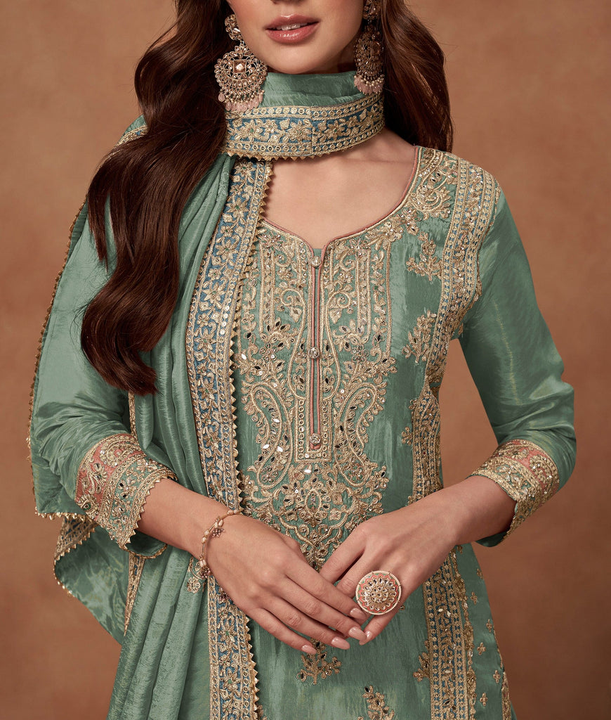 Green Designer Embroidered Fancy Silk Party Wear Suit-Saira's Boutique