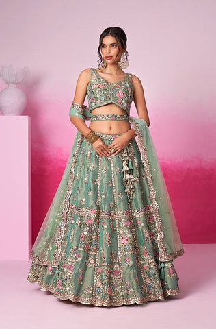 Mustard Designer Embroidered Wedding Bridal Net Lehenga Choli