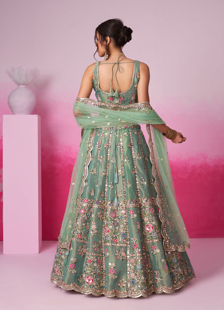 Green Designer Embroidered Wedding Bridal Net Lehenga Choli-Saira's Boutique
