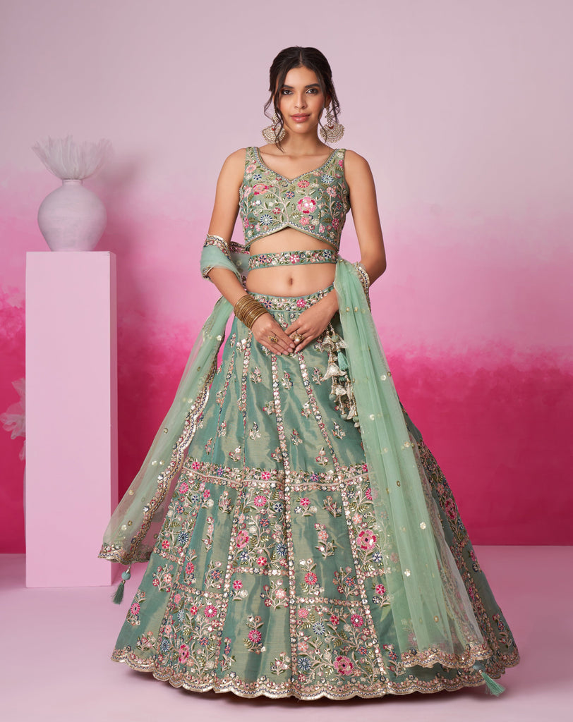 Green Designer Embroidered Wedding Bridal Net Lehenga Choli-Saira's Boutique