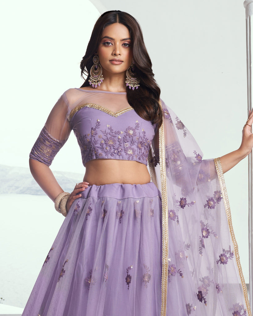 Lavdender Designer Embroidered Net Wedding Lehenga-Saira's Boutique