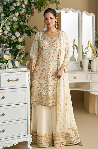 Winter Green Designer Embroidered Chinon Silk Party Wear Palazzo Suit