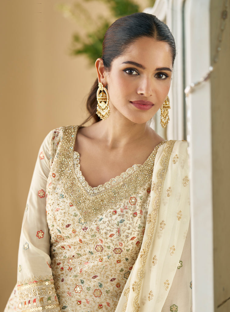 Light Cream Designer Embroidered Pure Georgette Wedding Palazzo Suit-Saira's Boutique