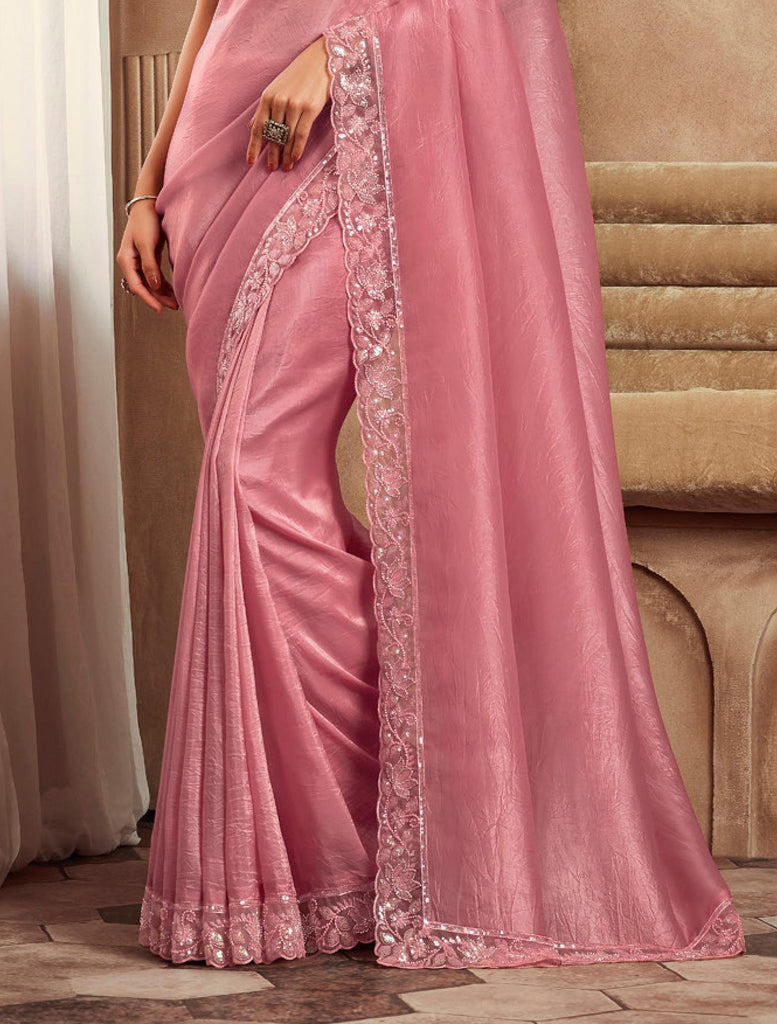 Light Flamingo Pink Designer Embroidered Silk Wedding Party Wear Saree-Saira's Boutique