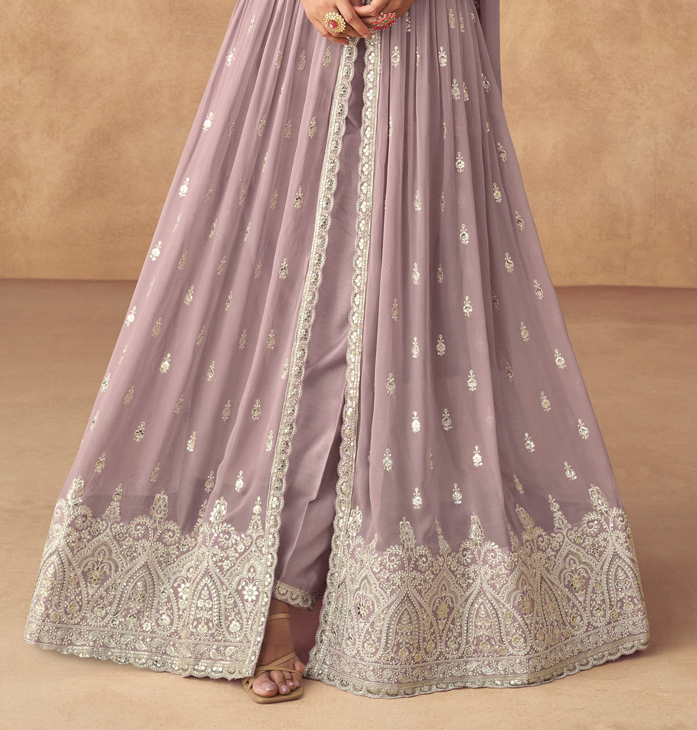 Light Mauve Designer Embroidered Pure Georgette Pant Style Anarkali Suit-Saira's Boutique