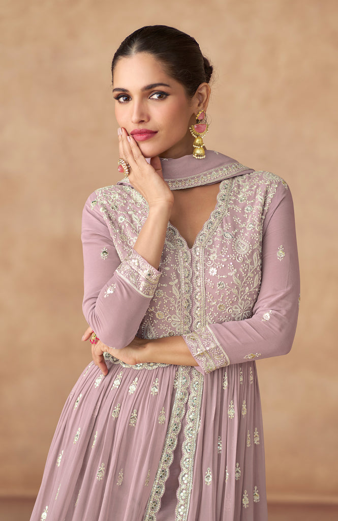 Light Mauve Designer Embroidered Pure Georgette Pant Style Anarkali Suit-Saira's Boutique