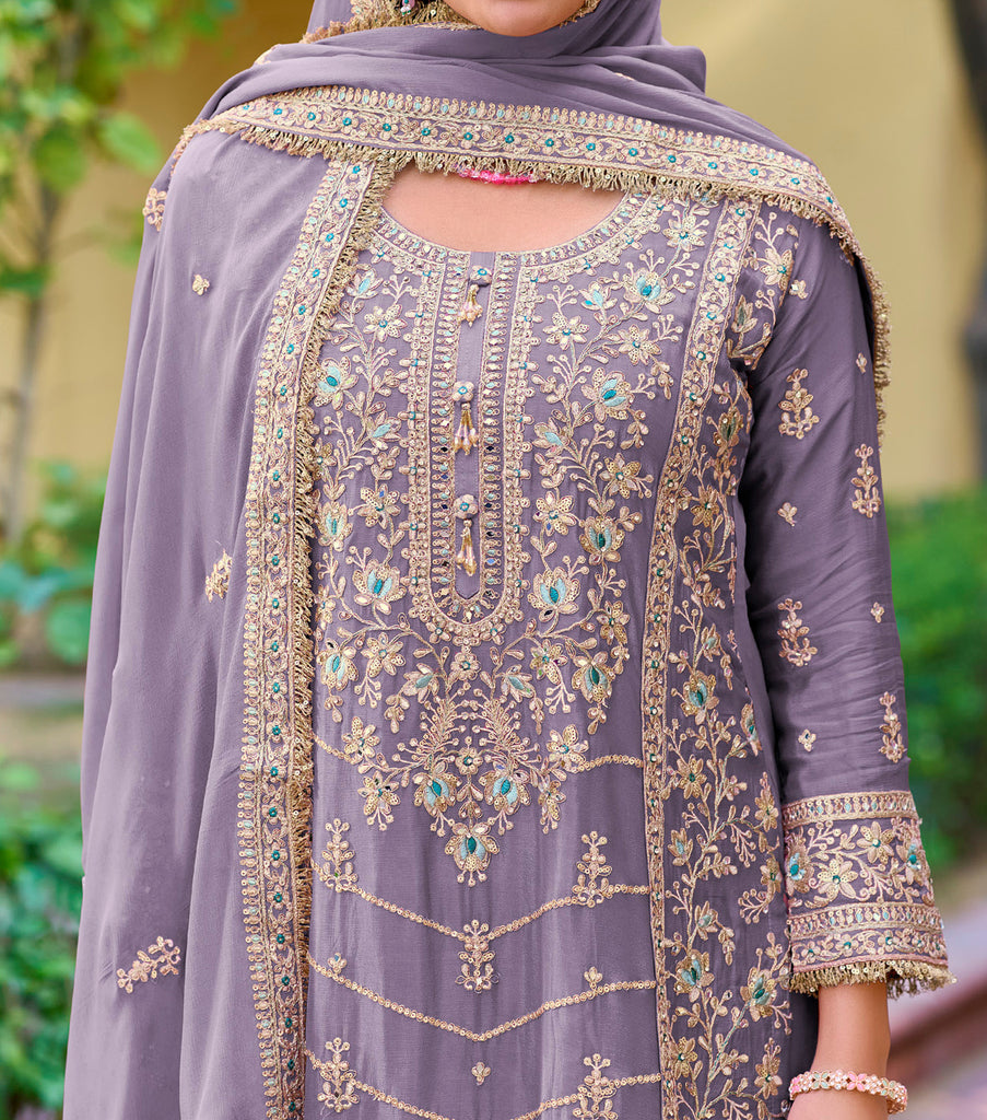 Light Mauve Designer Embroidered Wedding Party Wear Chinon Salwar Suit-Saira's Boutique
