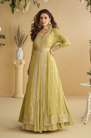 Winter Green Designer Embroidered Chinon Silk Party Wear Palazzo Suit