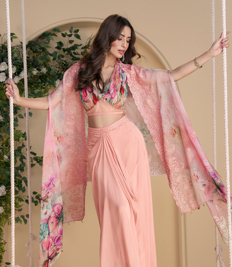 Light Peach Designer Embroidered Party Wear Lehenga with Shrug-Saira's Boutique