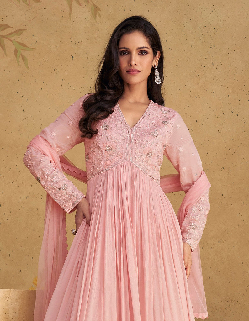 Light Pink Designer Embroidered Pure Georgette Party Wear Gown-Saira's Boutique