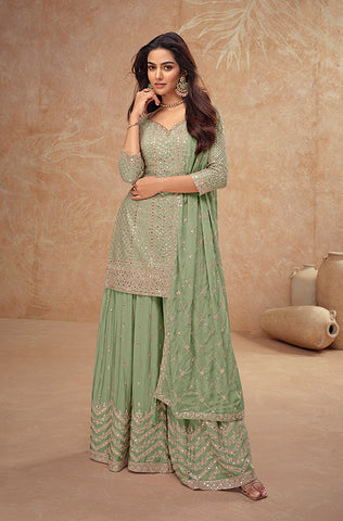 Mustard & Sea Green Designer Embroidered Chinon Silk Wedding Sharara Suit