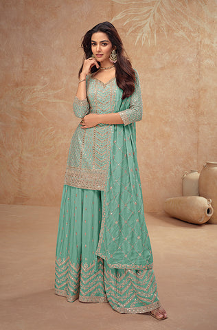 Peacock Blue Designer Embroidered Wedding Sharara Suit