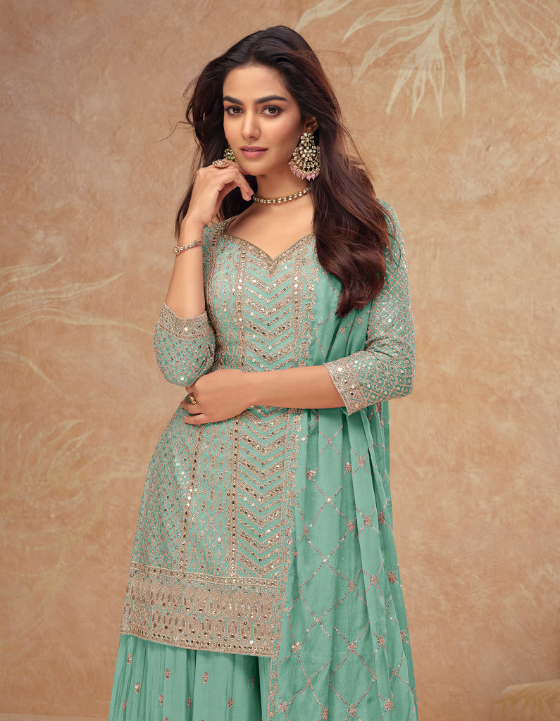 Light Sea Green Designer Embroidered Wedding Sharara Suit-Saira's Boutique