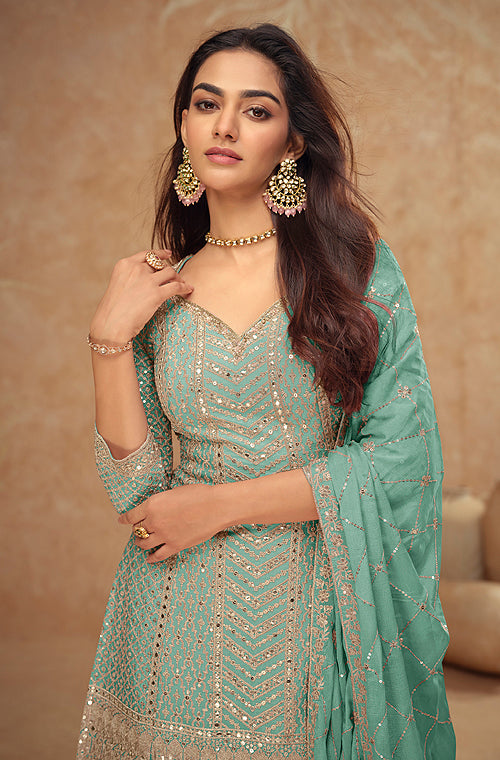 Light Sea Green Designer Embroidered Wedding Sharara Suit-Saira's Boutique