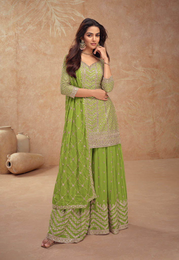 Lime Green Designer Embroidered Wedding Sharara Suit-Saira's Boutique