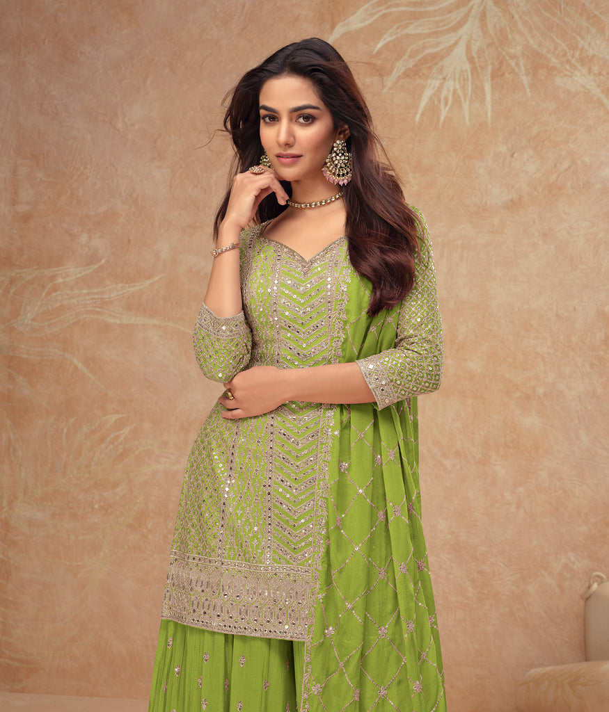 Lime Green Designer Embroidered Wedding Sharara Suit-Saira's Boutique