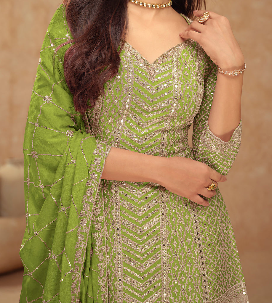 Lime Green Designer Embroidered Wedding Sharara Suit-Saira's Boutique