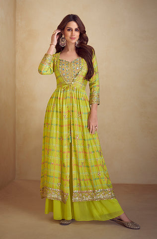 Winter Green Designer Embroidered Chinon Silk Party Wear Palazzo Suit