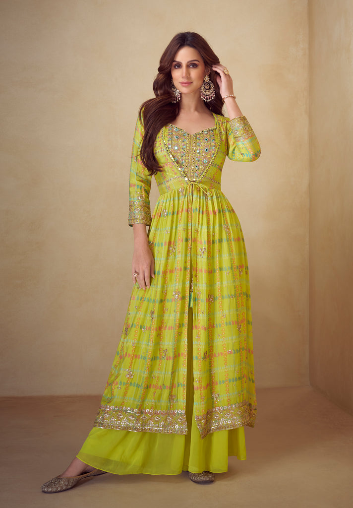 Lime Olive Green Designer Embroidered Party Wear Kurti Style Palazzo Suit-Saira's Boutique