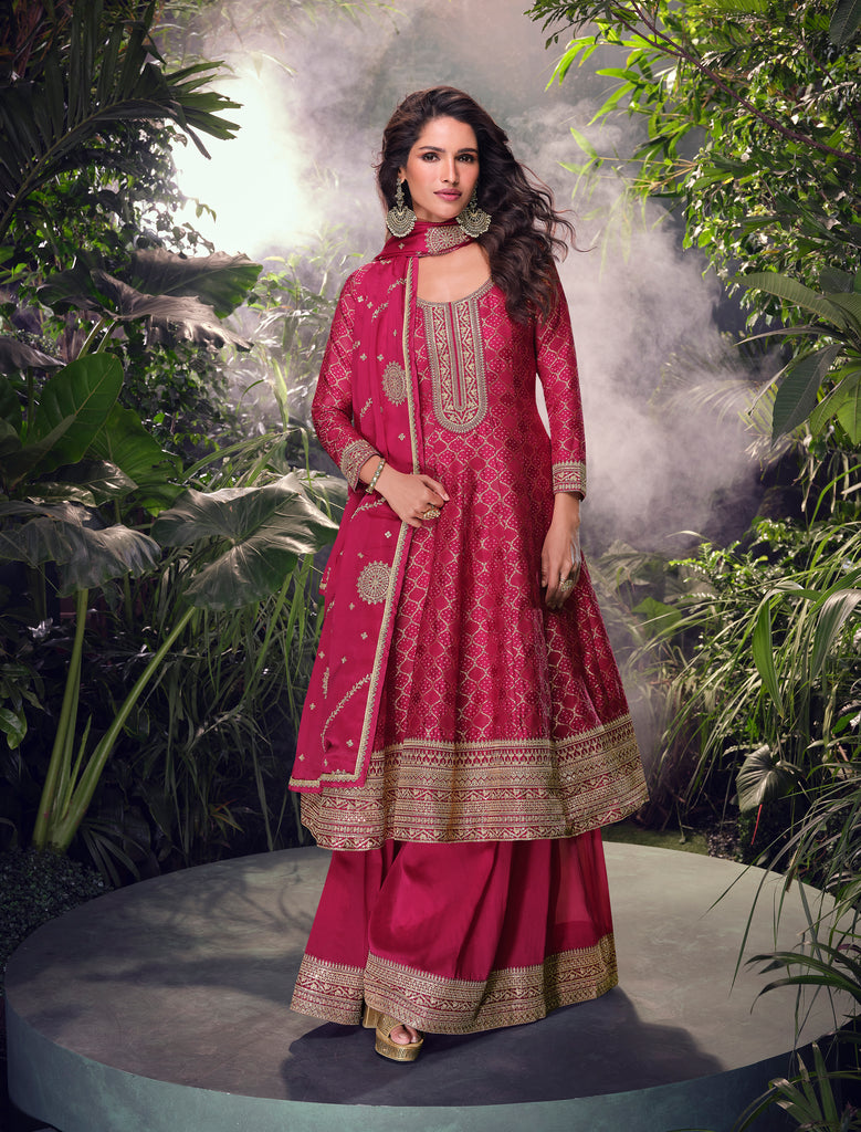 Magenta Designer Embroidered Jacquard Silk Anarkali Style Palazzo Suit-Saira's Boutique