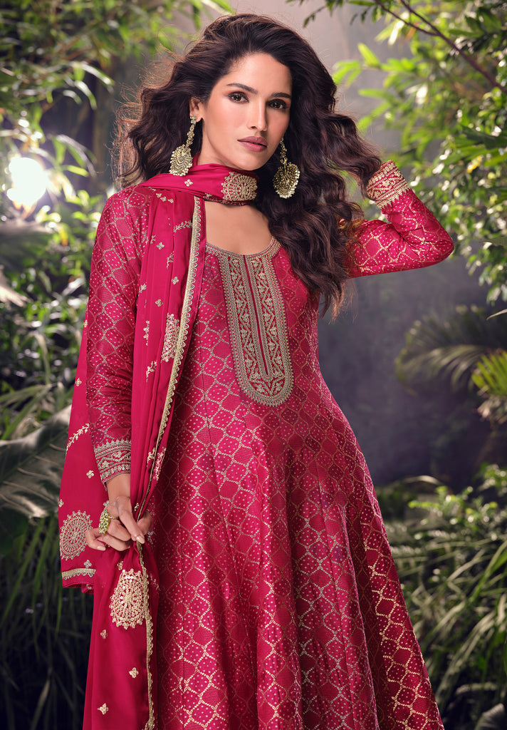 Magenta Designer Embroidered Jacquard Silk Anarkali Style Palazzo Suit-Saira's Boutique