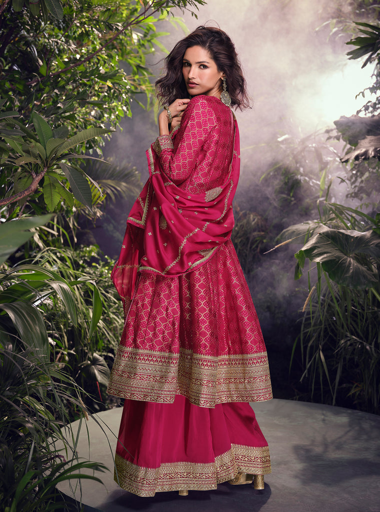 Magenta Designer Embroidered Jacquard Silk Anarkali Style Palazzo Suit-Saira's Boutique