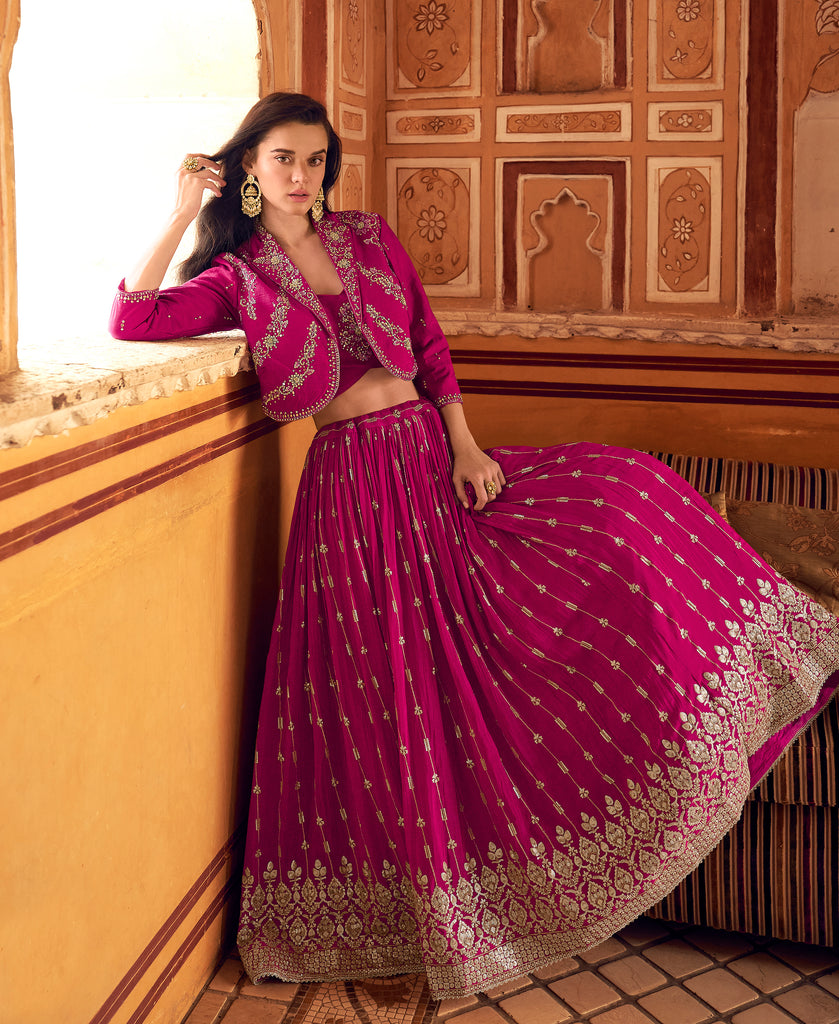 Magenta Designer Embroidered Party Wear Jacket Style Chinon Lehenga-Saira's Boutique