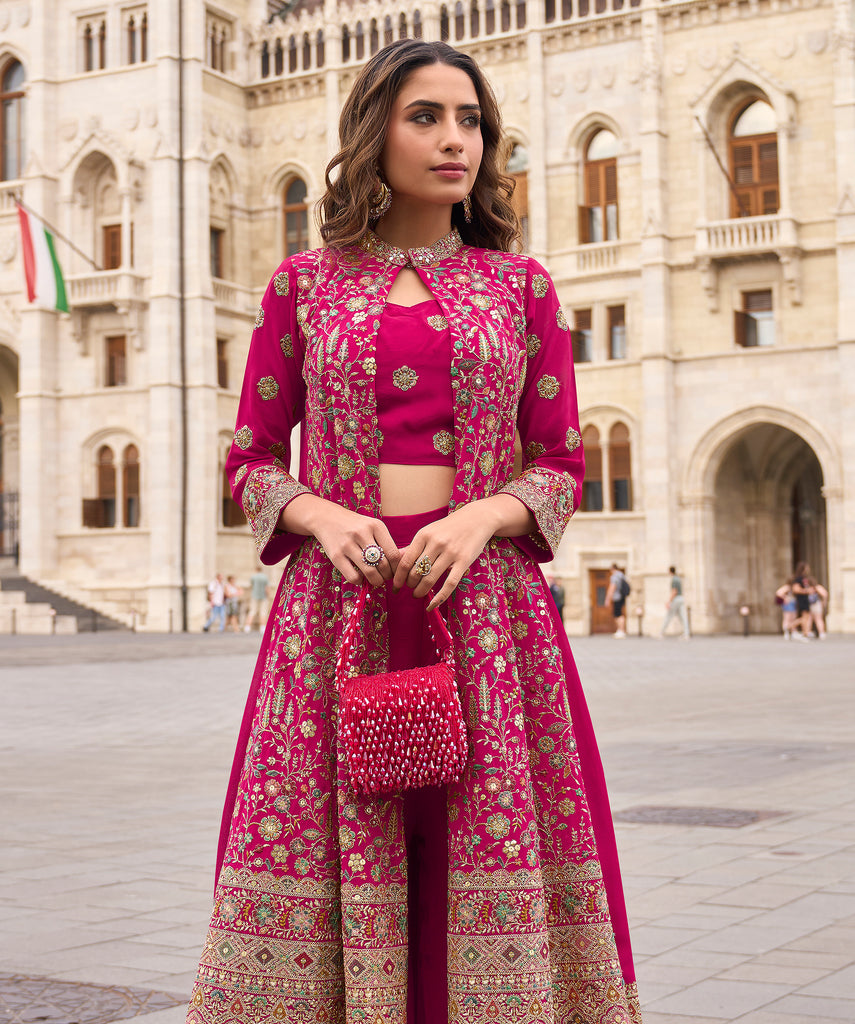 Magenta Designer Embroidered Party Wear Palazzo Suit with Shrug-Saira's Boutique