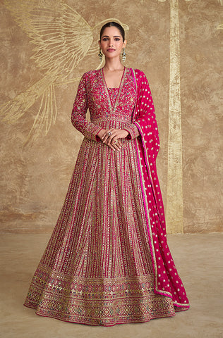 Pink Designer Embroidered Pure Georgette Anarkali Gown