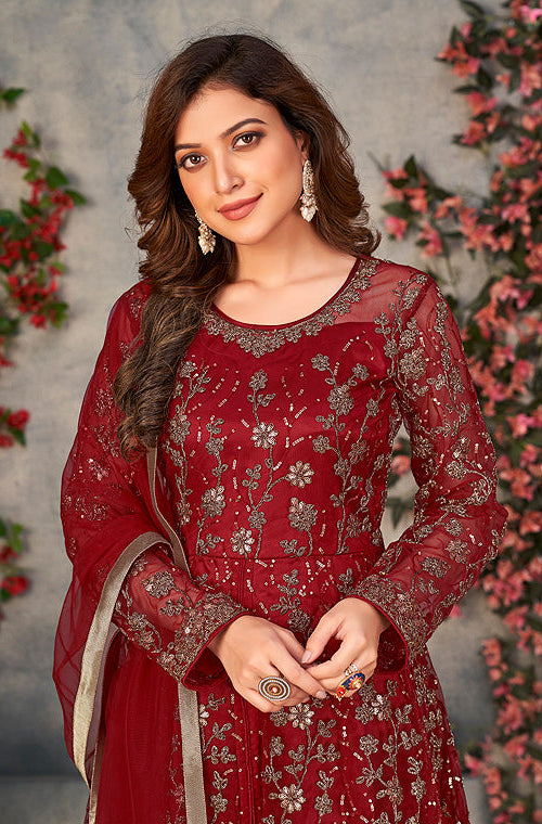 Maroon Designer Heavy Embroidered Net Party Wear Anarkali Gown-Saira's Boutique