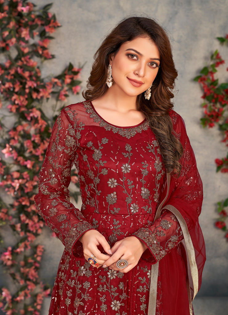 Maroon Designer Heavy Embroidered Net Party Wear Anarkali Gown-Saira's Boutique