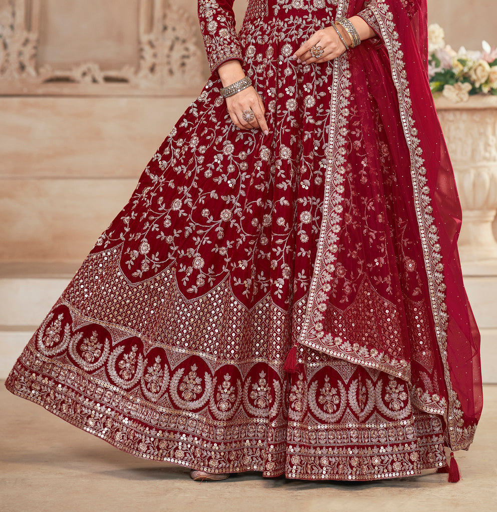 Maroon Designer Heavy Embroidered Velvet Anarkali Suit-Saira's Boutique