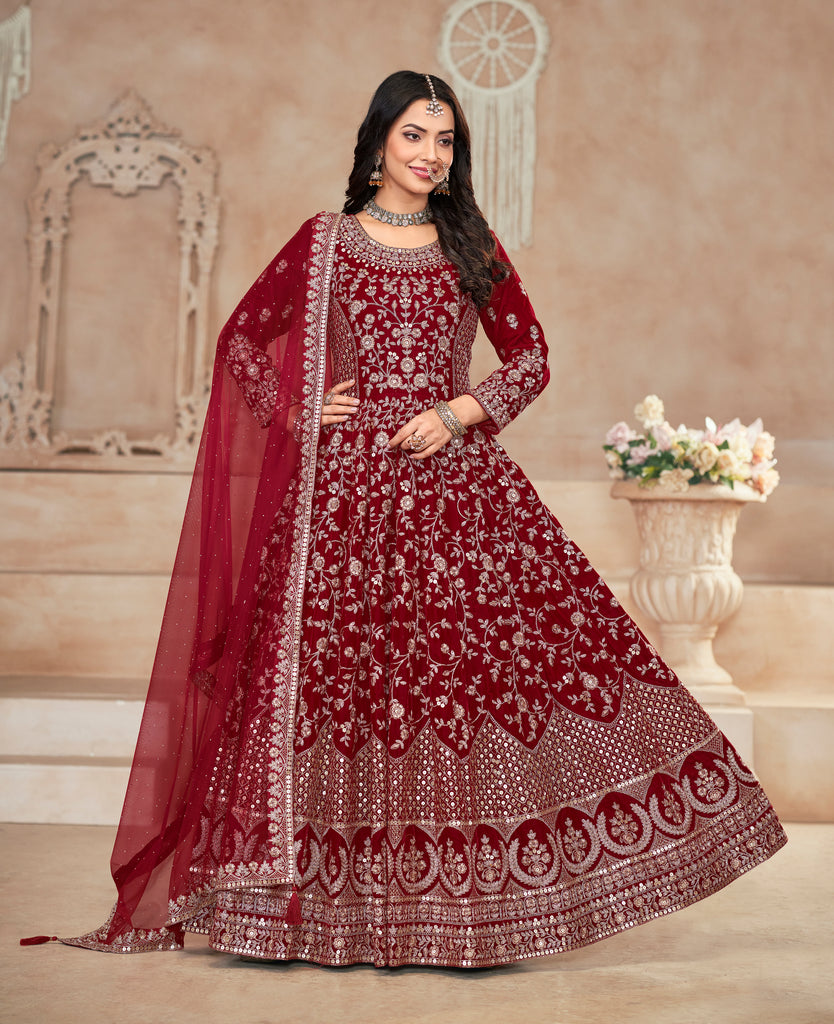 Maroon Designer Heavy Embroidered Velvet Anarkali Suit-Saira's Boutique