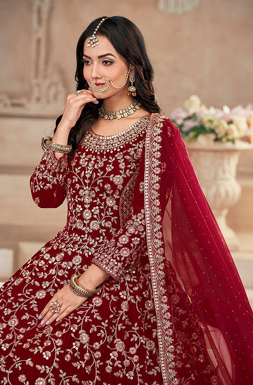 Maroon Designer Heavy Embroidered Velvet Anarkali Suit-Saira's Boutique