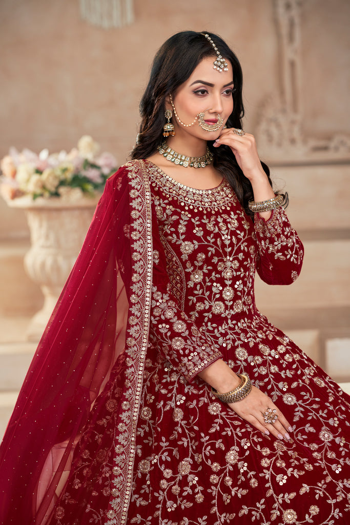 Maroon Designer Heavy Embroidered Velvet Anarkali Suit-Saira's Boutique