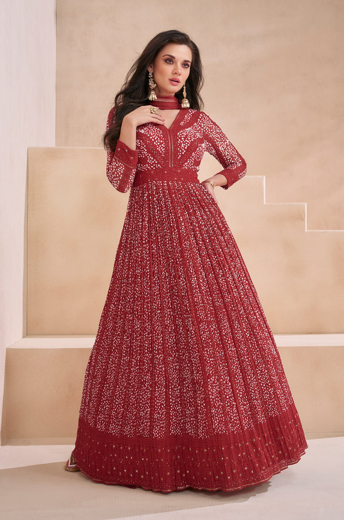 Maroon Red Designer Embroidered Pure Georgette Party Wear Gown-Saira's Boutique