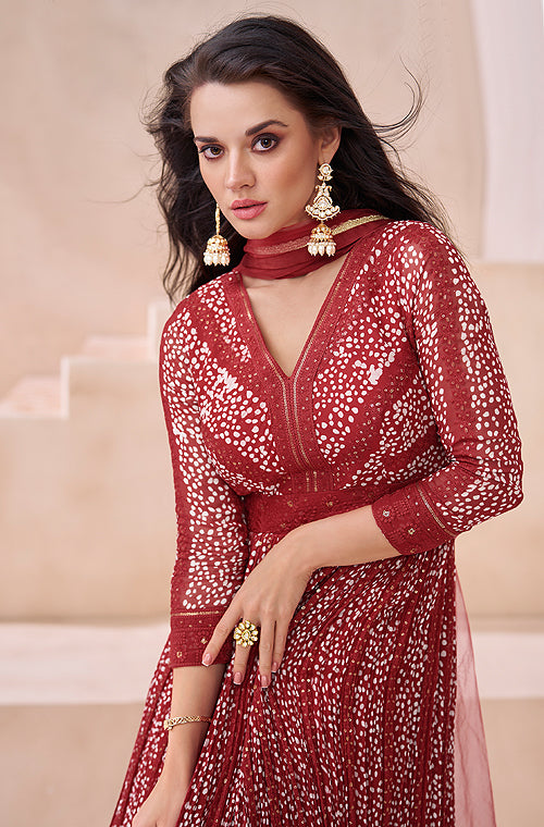 Maroon Red Designer Embroidered Pure Georgette Party Wear Gown-Saira's Boutique