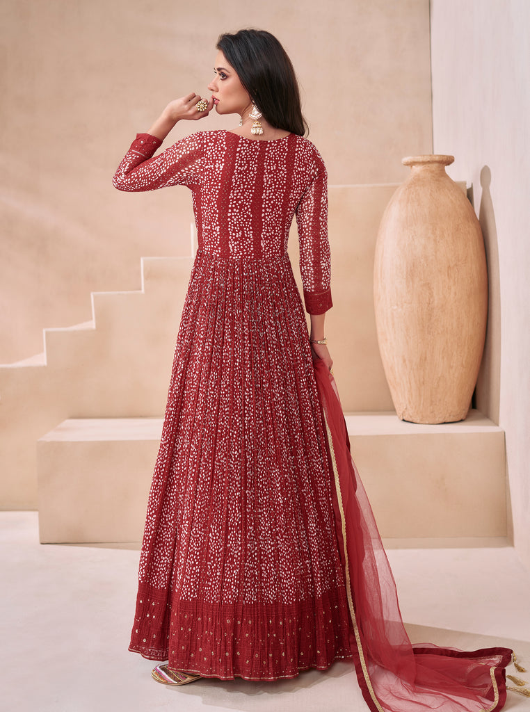 Maroon Red Designer Embroidered Pure Georgette Party Wear Gown-Saira's Boutique