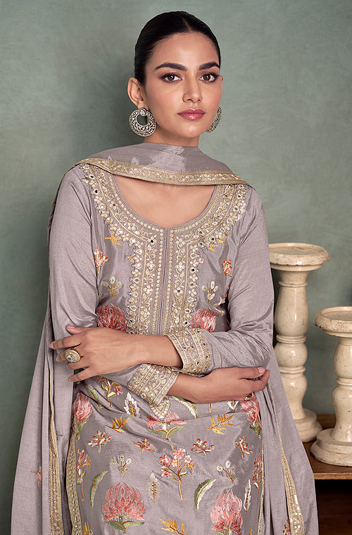 Mauve Gray Designer Embroidered Premium Chinon Silk Party Wear Palazzo Suit-Saira's Boutique