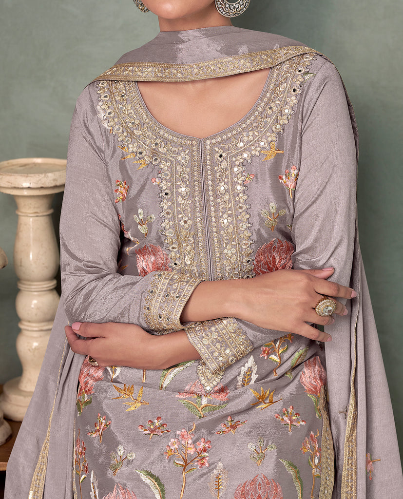 Mauve Gray Designer Embroidered Premium Chinon Silk Party Wear Palazzo Suit-Saira's Boutique
