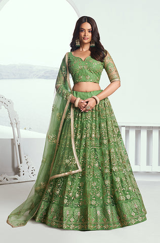 Dusty Mint Green Designer Heavy Embroidered Bridal Lehenga