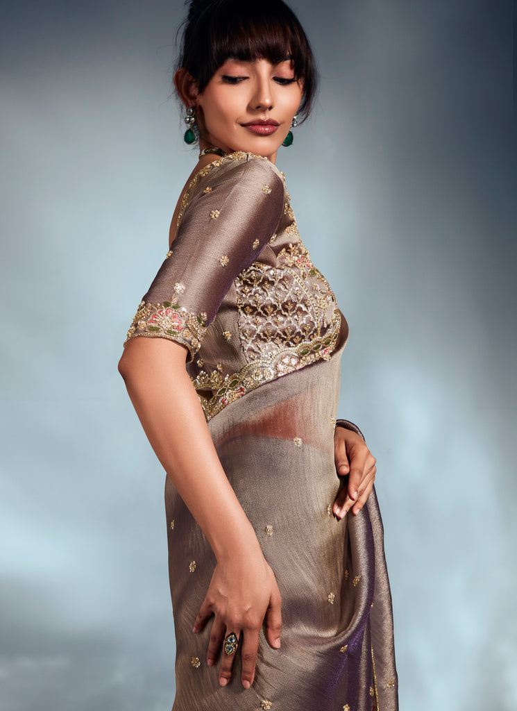 Metallic Taupe Designer Embroidered Tissue Organza Wedding Party Wear Saree-Saira's Boutique
