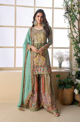Winter Green Designer Embroidered Chinon Silk Party Wear Palazzo Suit