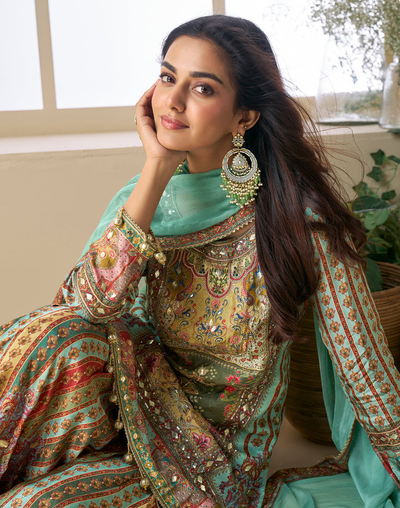 Mint Green Beige Designer Embroidered Pure Crepe Silk Party Wear Gharara Suit-Saira's Boutique