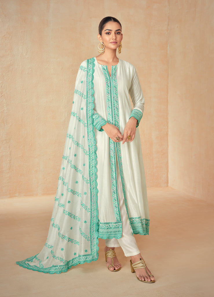 Mint Green & Off White Designer Embroidered Premium Silk Salwar Suit-Saira's Boutique