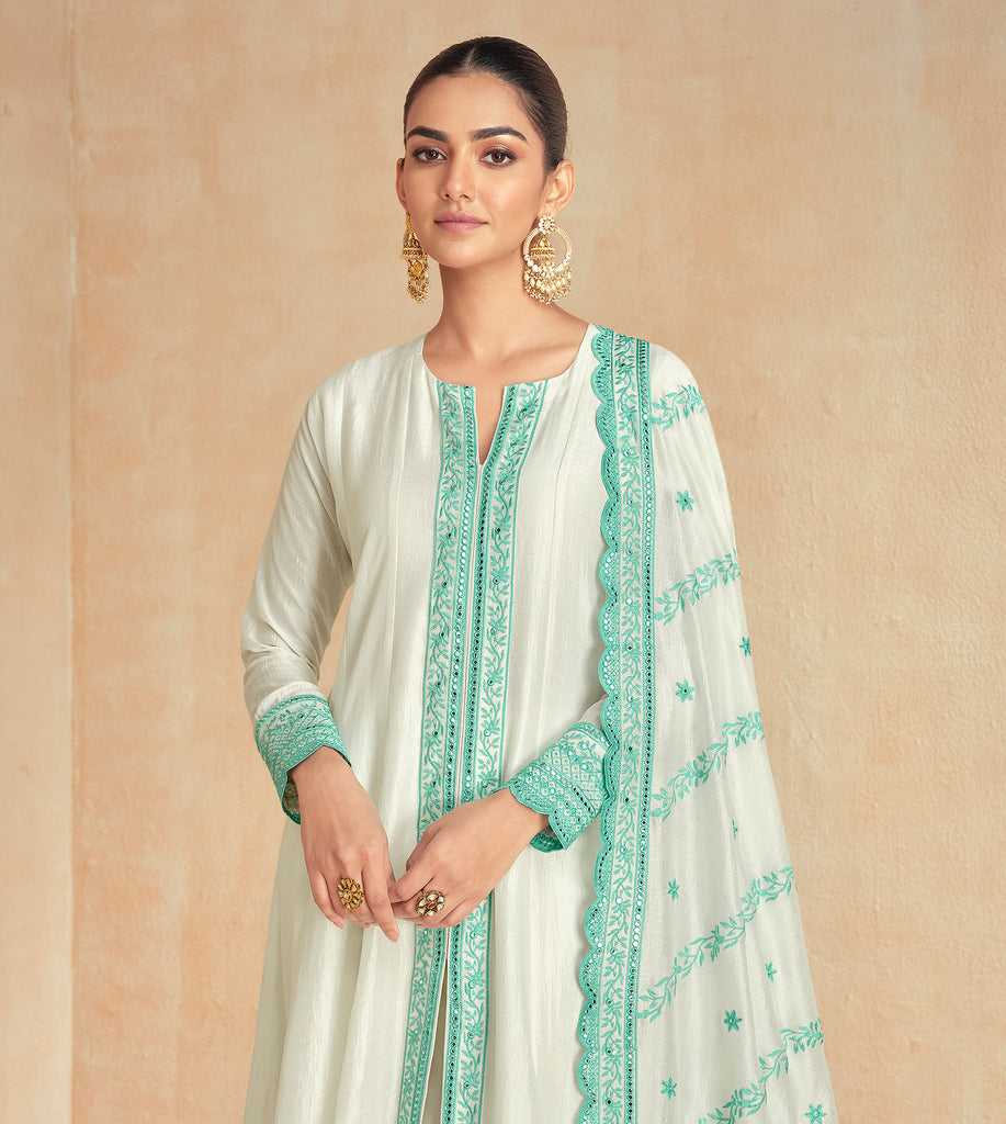 Mint Green & Off White Designer Embroidered Premium Silk Salwar Suit-Saira's Boutique