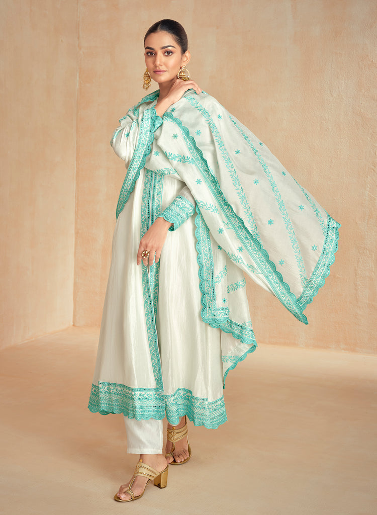 Mint Green & Off White Designer Embroidered Premium Silk Salwar Suit-Saira's Boutique